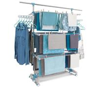 IDMarket - Séchoir à Linge Vertical Pliable 3 Niveaux Optimum capacité 30M avec Tringle télescopique cintres et Pinces Blanc et Bleu
