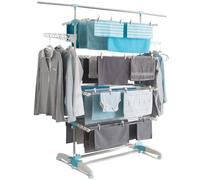 IDMarket - Séchoir à Linge Vertical Pliable 4 Niveaux Optimum capacité 30M avec Tringle télescopique Blanc et Bleu