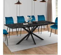 IDMarket Table extensible Alix rect. 6-10 pers pied araignée noir plateau effet marbre 160-200 cm