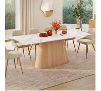 IDMARKET Table à manger extensible rectangle RHONDA 6-10 personnes plateau marbre blanc ALASKA et bois façon hêtre 160-200 cm