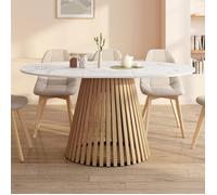 IDMarket - Table à Manger Extensible Ronde Carmen 4-8 Personnes Pied Bois en Lattes et Plateau marbre Blanc Alaska 110-150 cm