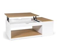 IDMarket - Table Basse Coffre Plateau relevable ELEA Blanc et Bois | Rectangulaire, 110 x 60 x 45/58 cm, bois blanc et plateaux façon hêtre