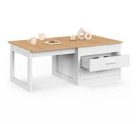 IDMarket - Table basse extensible relevable en table à manger AMAYA blanc | Blanc et bois, 2 modules, 4 positions modulables, L. 60 à 120 cm, 2 tiroirs et étagères
