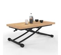 IDMarket – Table basse Urbana – 2-en-1 relevable en table à manger, plateau façon hêtre, pieds noirs