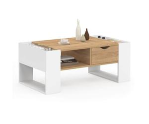 IDMarket - Table Basse Fixe Beryl avec tiroir Bois et Blanc | Rectangulaire, avec niche et rangements dans les pieds, bois blanc et façon hêtre