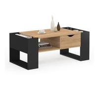IDMarket - Table Basse Fixe Beryl avec tiroir Bois et Noir | Rectangulaire, avec niche et rangements dans les pieds, bois noir et façon hêtre