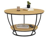 IDMarket - Table Basse Fixe Double Plateau Detroit Ronde Bois et Noir | Pied filaire, 70 x 70 x 40,5 cm, bois et pieds en métal noir, design industriel