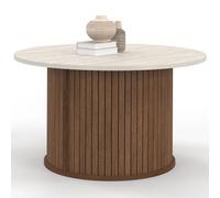 IDMarket - Table basse fixe JULIETTE ronde effet lattes noyer et travertin | 70 x 70 x 40 cm, pied central, effet lattes tasseau bois coloris noyer et plateau effet travertin