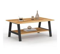 IDMarket - Table Basse Fixe Madeleine Double Plateau Bois et Noir | Rectangulaire, 100 cm, avec étagère inférieure, style campagne