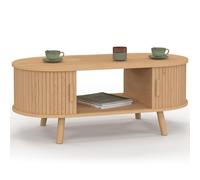 IDMarket - Table Basse Ovale Romie 100 cm 2 Portes coulissantes Lattes tasseau Bois Coloris chêne