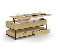 IDMarket - Table Basse Plateau relevable Detroit 2 tiroirs Bois et Noir | Rectangulaire, avec niche, 100 x 50 x 40/55 cm, bois et pieds en métal noir, design industriel