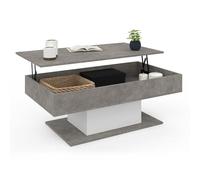 IDMarket - Table Basse Plateau relevable Eden Effet béton et Blanc | Rectangulaire, 110 x 60 x 40/53 cm, pied central, bois effet béton et blanc