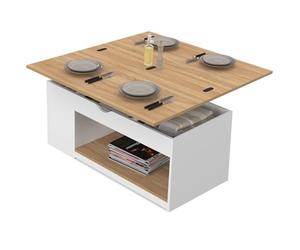 IDMarket - Table basse plateau relevable en table à manger ELEA blanc/bois | Rectangulaire, 100 x 50/100 x 42,5/52 cm, convertible en table à manger, bois blanc et plateaux façon hêtre