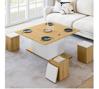IDMarket - Table Basse Plateau relevable rectangulaire Convertible en Table à Manger Eden 100 cm Bois et Blanc avec poufs