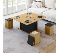Table basse plateau relevable rectangulaire convertible en table à manger EDEN 100 cm bois et noir avec poufs
