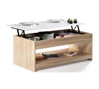IDMarket Table basse SOA - Plateau relevable rectangulaire, bois imitation hêtre, plateau blanc