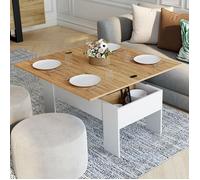IDMARKET Table basse rectangulaire plateau relevable convertible en table à manger TARA bois blanc et imitation hêtre