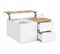 IDMarket - Table basse relevable CALIA avec coffres + tiroirs blanc et bois | Table basse carrée avec plateau relevable, 2 coffres, 2 tiroirs, table pour salon multi rangements
