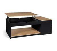 IDMarket Table Basse Relevable ELEA, Coffre Rangement, Plateau Mélaminé, Noir et Hêtre, 110x60x45 cm