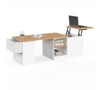 IDMarket - Table basse relevable extensible ILONA 100-140 cm blanc et bois | Plateau extensible et relevable, rectangulaire, 2 tiroirs, coffre et étagère