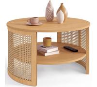 IDMarket - Table Basse Ronde EDHEN 70 cm Effet cannage Naturel et Bois | Table basse salon, structure ajourée effet cannage, double plateau