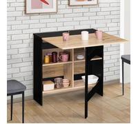 IDMarket – Table console pliable EDI – 2-6 pers., rangements bois noir, plateau façon hêtre 150x80cm