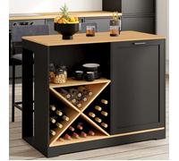 IDMarket - Table de Bar îlot VITO 113 cm avec Range Bouteilles Bois Noir et Plateau façon hêtre