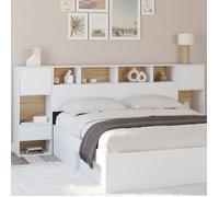 IDMarket Tête de lit sur pied CAMPHA 240 cm avec chevets tiroir, placards et niches bois et blanc