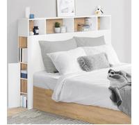 IDMarket Tête de lit sur pied CLEO 165 cm avec rangements fermés et niches - Blanc/ façon hêtre