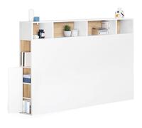 IDMarket Tête de lit sur pied CLEO 165 cm avec rangements fermés et niches - Blanc/ façon hêtre