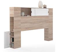 IDMarket Tête de lit sur pied SALEM 140 cm avec rangements fermés et niches bois/blanc