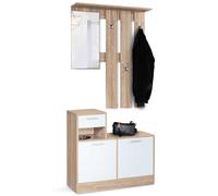 IDMarket - Vestiaire d'entrée avec miroir PAULIN design hêtre portes blanches