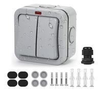 Idota Interrupteur d'éclairage extérieur résistant aux intempéries | Interrupteur double avec interrupteur indépendant à la poussière et témoin lumineux - Pour extérieur, jardin, balcon
