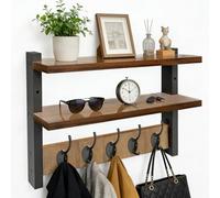 IDUNSEED Porte Manteau Mural Bois avec 2 Étagère et 5 Crochets, Patere Porte Manteau pour Entrée, alon Chambre Cuisine, Industrielle Rangement Maison Pour Suspendre Sac à Dos, Veste, Chapeau
