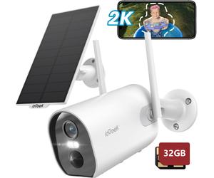 ieG améra de sécurité solaire extérieure 2K fonctionnant sur piles, caméra WiFi avec vision nocturne en couleur, caméra IP extérieure avec son bidirectionnel, PIR, 32GB