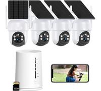 ieGeek 4MP FHD Set caméra de surveillance extérieur Batterie avec panneau solaire, station de base 4CH avec 4X caméras dôme sans fil, 360° pivotant, vision nocturne, + 32GB