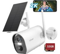 ieG améra de sécurité solaire extérieure 2K fonctionnant sur piles, caméra WiFi avec vision nocturne en couleur, caméra IP extérieure avec son bidirectionnel, PIR, 32GB