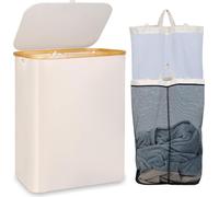 iEGrow XL Panier à linge150L Poignée en bambou Couvercle 2 compartiments Beige
