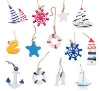 Ieron Lot de 13 décorations nautiques mini pendentif maritime, ancre, étoile de mer, voilier, sapin de Noël, arbre d'été, filet de pêche, décoration de plage, artisanat