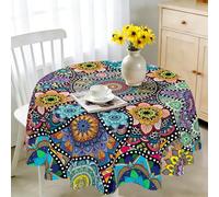 iEvery Nappe Ronde Anti Tache 150 cm, Table Enduite Boho, Extérieur Imperméable en Polyester, Protection pour Salle à Manger, Jardin, Cuisine, Pique-Nique, Restaurant