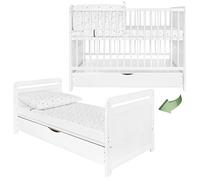 iGlobal 2 en 1 Lit à barreaux pour bébé Lit d'enfant avec matelas réglable en hauteur transformable en lit junior Tiroir sous le lit Blanc 120x60 cm