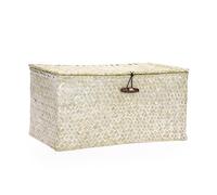 IGNPION Panier de rangement rectangulaire en jonc de mer avec couvercle - Panier de bureau en osier tissé pour salle de bain, panier de rangement décoratif pour salon - Panier de rangement