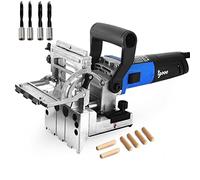 igooo Dégauchisseuse goujonneuse à double broche DJ710, 710 W 120 V 60 Hz, assemblage de plaques en bois avec goujons, mèches incluses : 2 x 8 mm et 2 x 6 mm, 80 chevilles