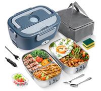 ihakkason Lunch Box Chauffante Électrique 65W, 3 en 1 Portable, Gamelle Chauffante en Acier Inoxydable avec 2 Boîtes Amovibles, 12V/24V/220V pour Voiture, Camion et Bureau (Gris, 1,5 L)