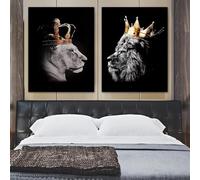 IHHGNB Lot de 2 tableaux sur toile représentant un couple de lions, lion noir et lionne couronnés, décoration murale pour la maison (80 x 110 cm x 2 / sans cadre)