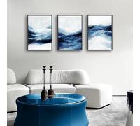 IHHGNB Lot de 3 affiches abstraites à motifs de vagues blanches, noires et bleues sur toile, décoration murale pour chambre ou salon (70 x 90 cm x 3 / sans cadre)