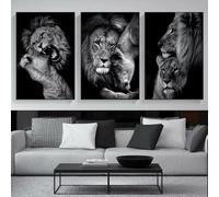IHHGNB Lot de 3 tableaux modernes sur toile représentant une famille de lions, en noir et blanc, parfaits pour la décoration murale de votre chambre (40 x 50 cm x 3 / Sans cadre)
