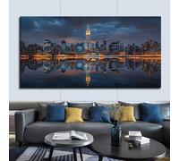 IHHGNB Tableau sur toile représentant la skyline de New York la nuit, reflets nocturnes, impression d'art moderne pour la décoration du salon (75 x 150 cm/sans cadre)