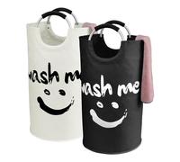 IHOMAGIC Ensemble de 2 Panier a Linge avec Poignées 95L, Sac à Linge Faciles à Transporter - Panier Rangement Pliage Collecteur de Buanderie avec Smiley pour Les vêtements, Jouets (Noir et Beige)