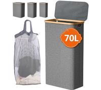 IHOMAGIC Panier à linge avec couvercle 70 L, panier à linge compact avec poignée en bambou et poche intérieure, panier à linge pliable, panier à linge portable pour la buanderie, rangement pour access